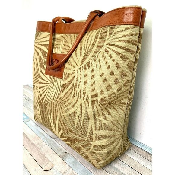 XL RAINIER CLUB BEIGE TAPESTRY BROWN GENUINE LEATHER HANDBAG TOTE SHOULDER BAG - Picture 4 of 11